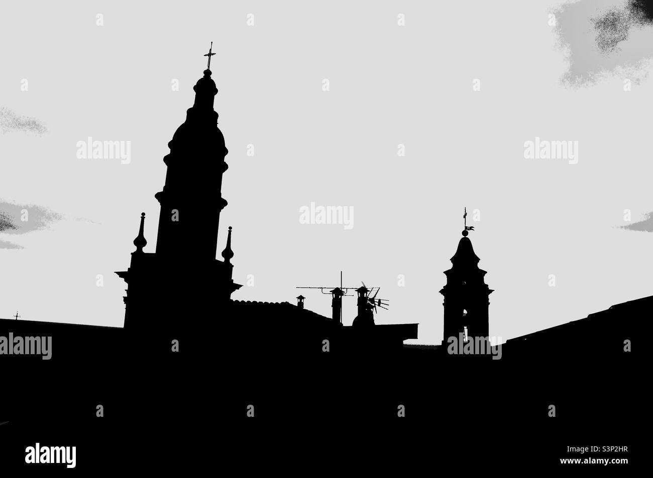 The bell towers of: La Chapelle des Pénitents-Blancs Chapelle de l'Immaculée-Conception de Menton and the Basilica of Saint Michael Archangel. - Smartphone Captured Stock Image