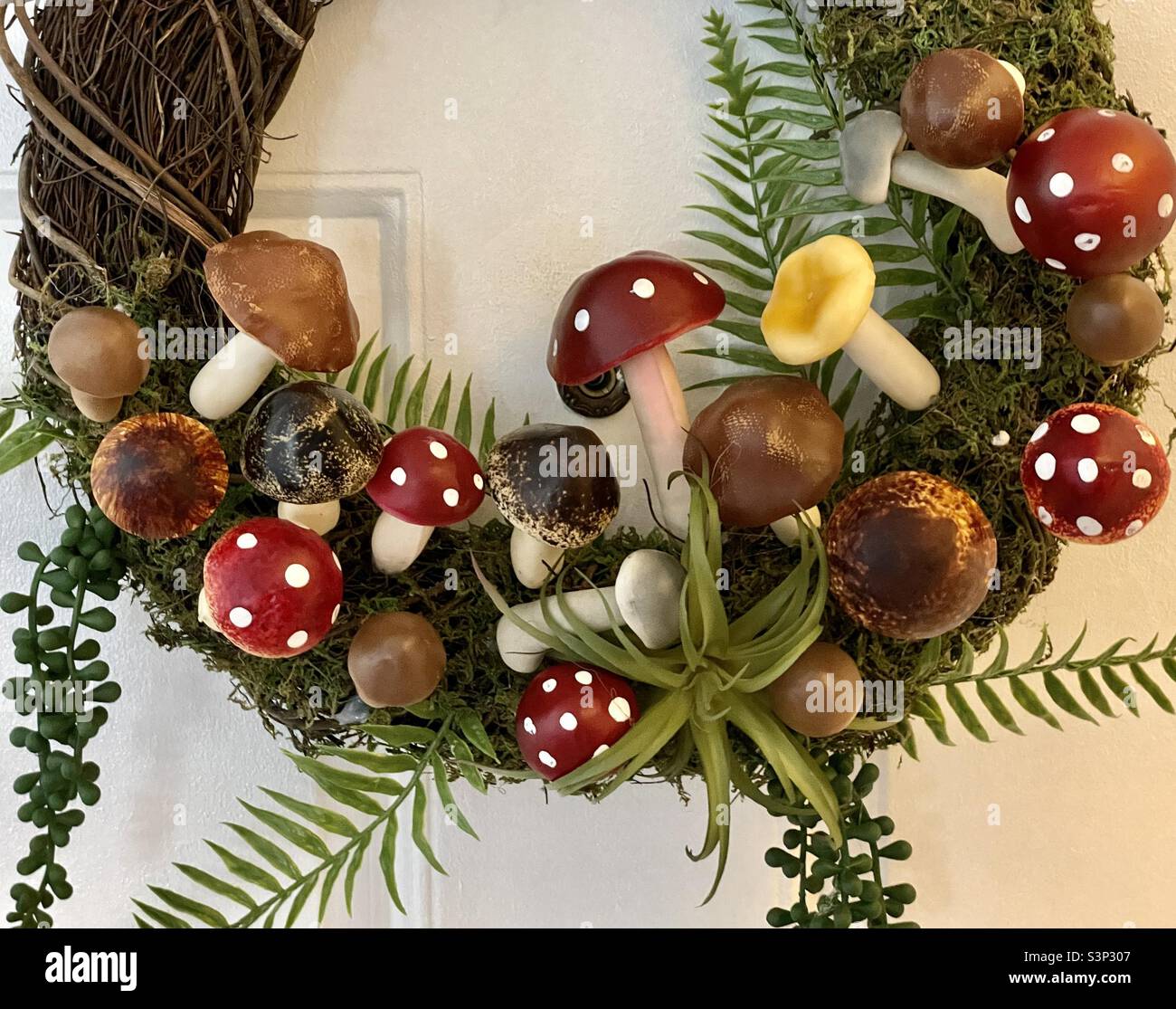 A unique springtime wreath hangs on the interior side of the main entrance of a home in Utah, USA. A variety of colorful mushrooms and other greenery well represent the new growth of spring. - Smartphone Captured Stock Image