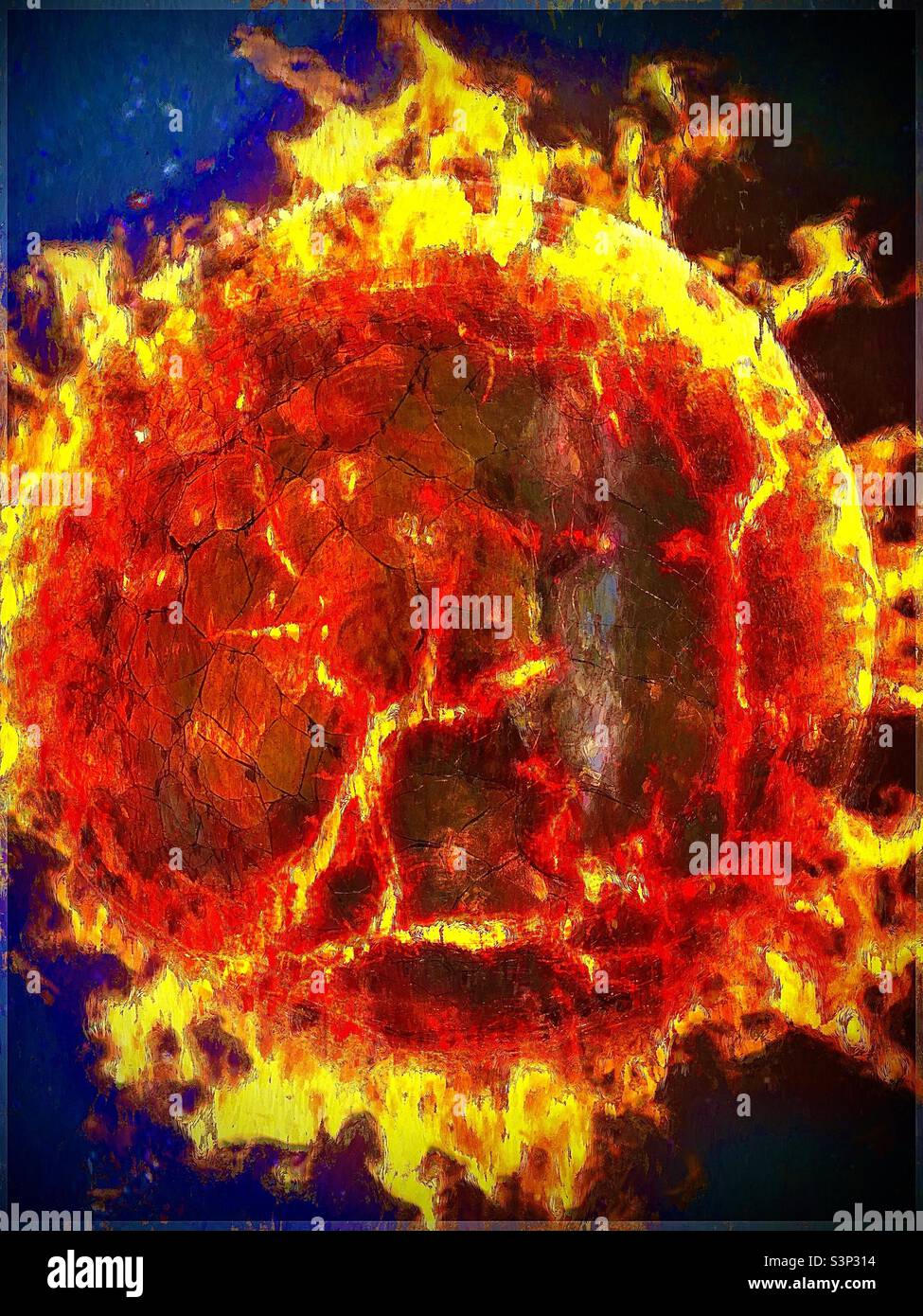 Burning planet was created by altering an iPhone photo of a home decor accent, a cracked glass sphere lighted from within, and then using IOS apps for the flames and red hot effects. - Smartphone Captured Stock Image