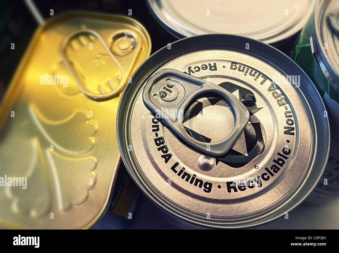 Close up of various pop top canned lids, 2022, USA Stock Photo Alamy