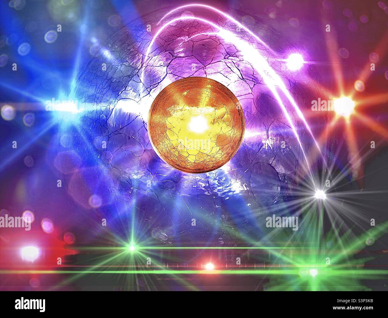 Cracked-glass lighted sphere, used as a home accent, was used as a source image, then a composite was created and lighting effects added via various IOS apps. - Smartphone Captured Stock Image