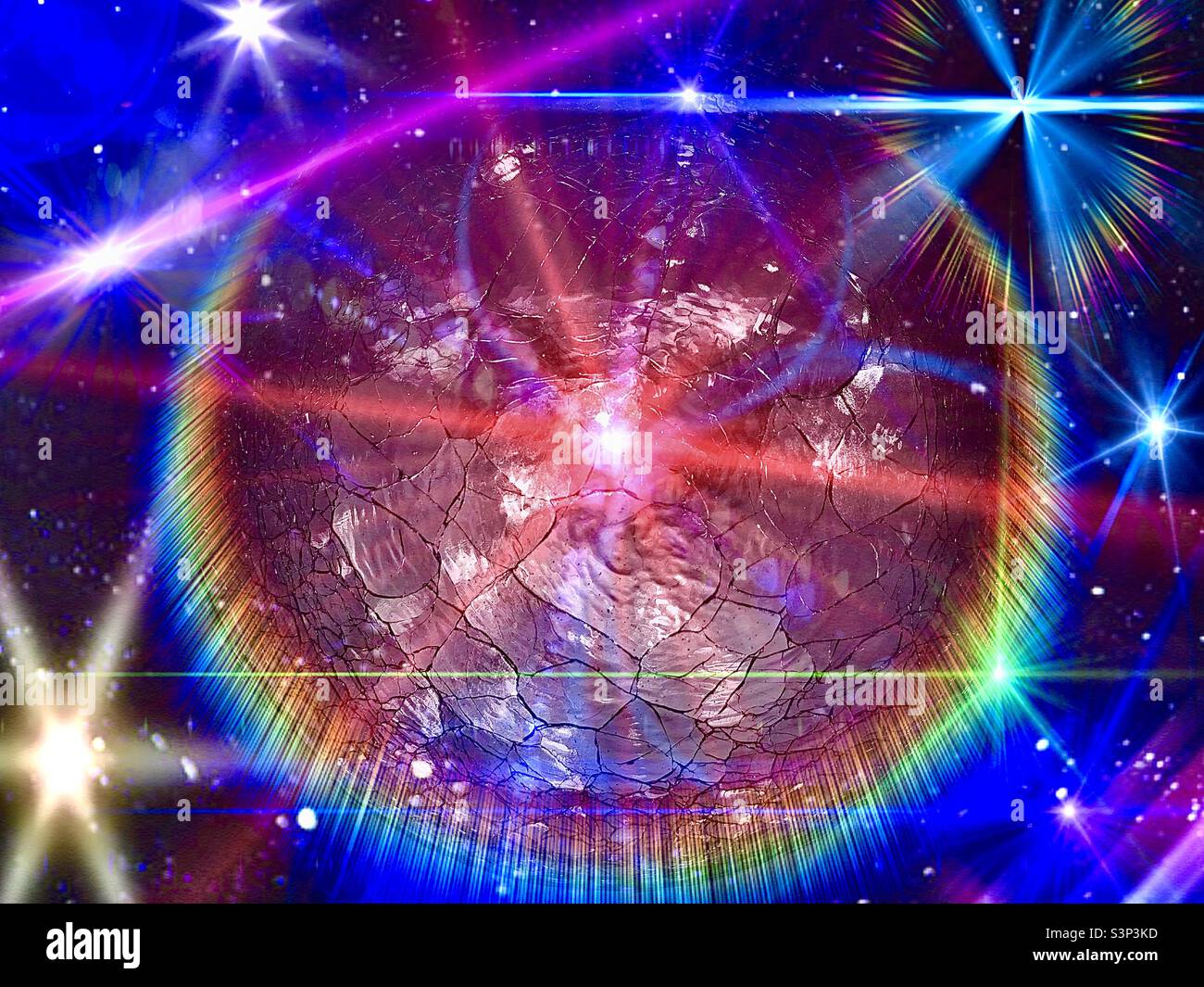 Cracked-glass lighted sphere, used as a home accent, was used as a source image, then a composite was created and lighting effects added via various IOS apps. - Smartphone Captured Stock Image