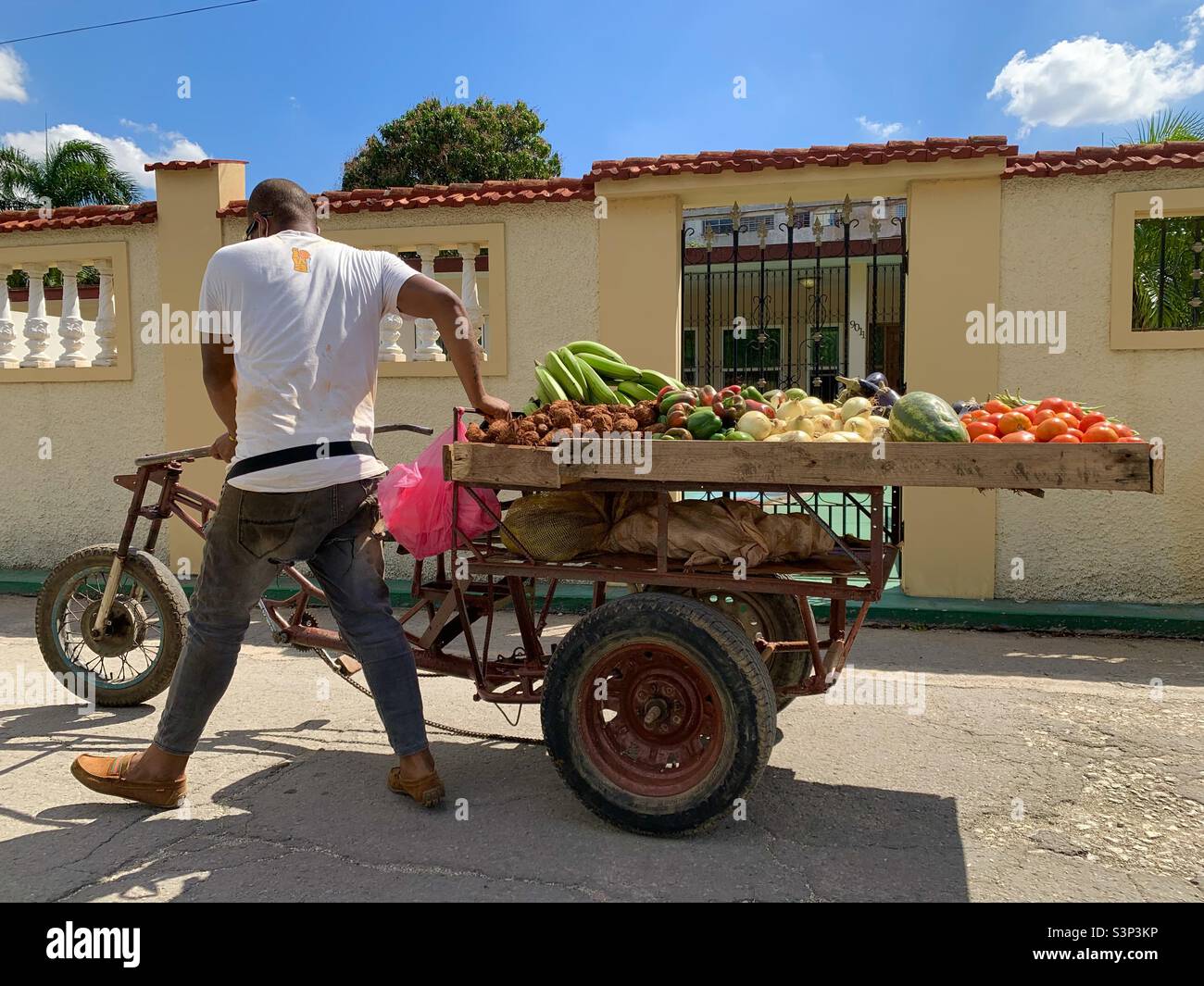 Man pulling a cart with fruit and vegetables In a street in Havana, Cuba - Smartphone Captured Stock Image