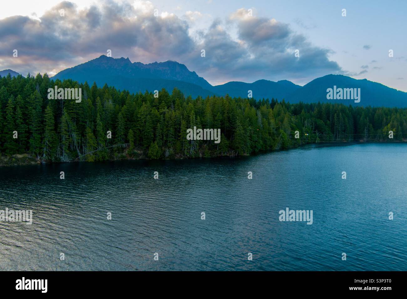 Lake Cushman waterfront at dusk - Smartphone Captured Stock Image