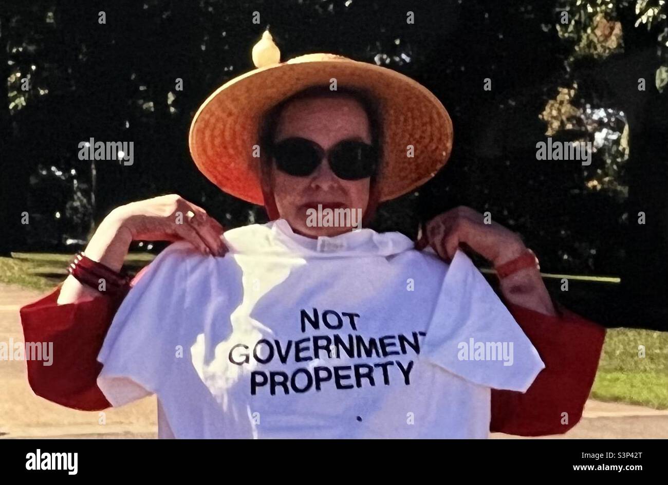Woman at Ro choice rally Washington DC with “not government property” tshirt Stock Photo