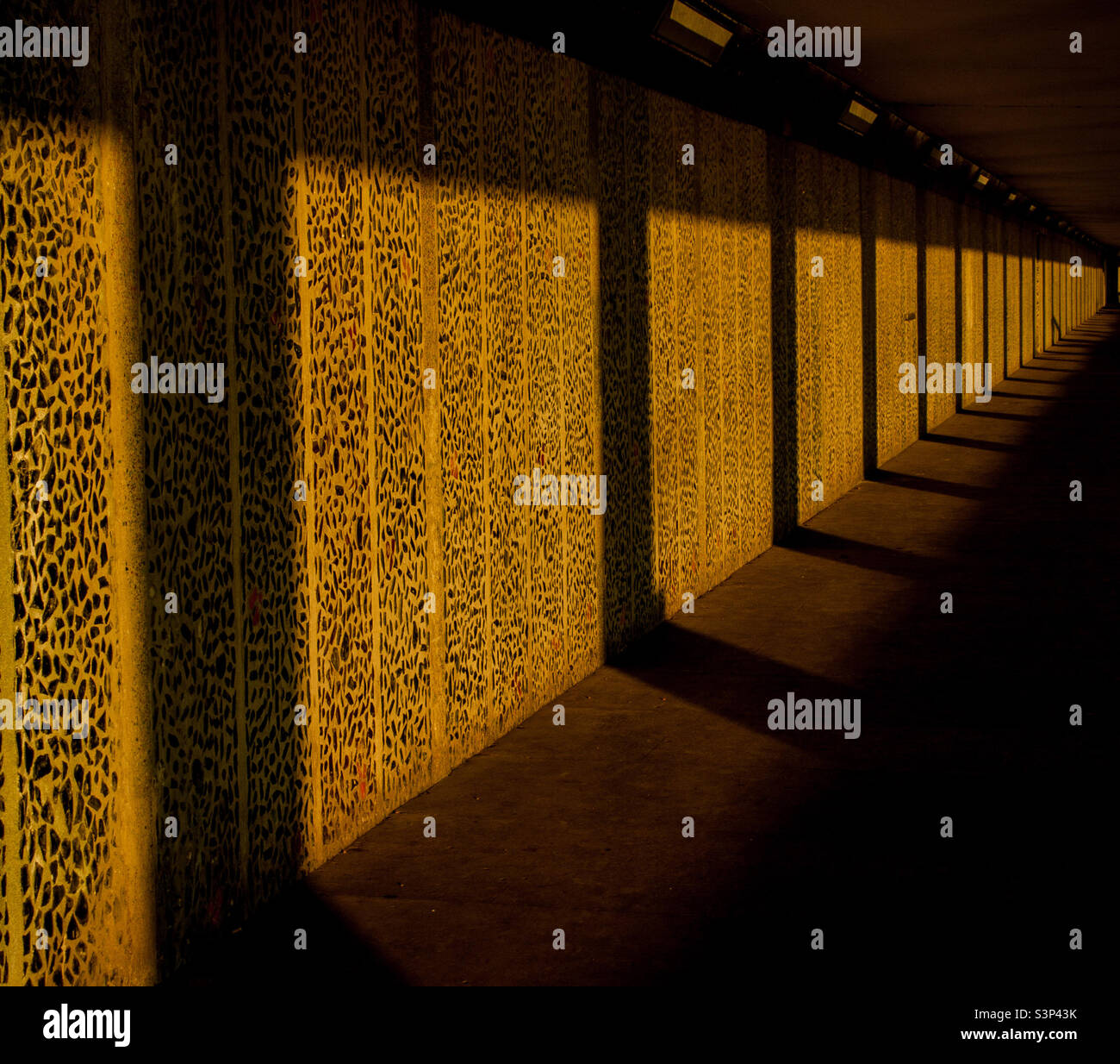 The glass covered walls on Bottle Alley in Hastings seafront, in the late afternoon sun - Smartphone Captured Stock Image