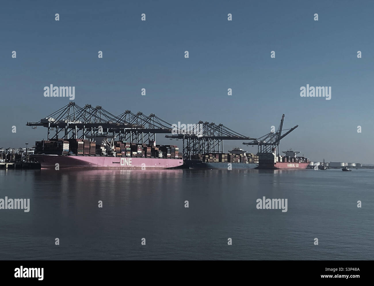 Busy container terminal in river Thames Stock Photo