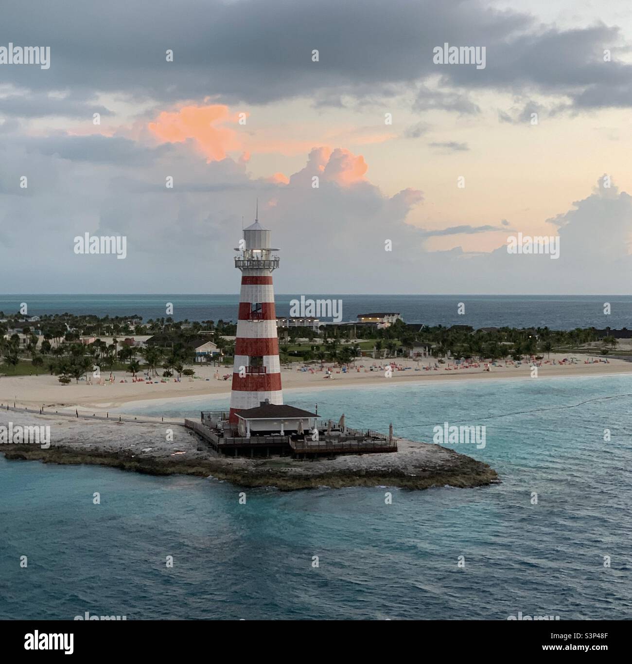 January, 2022, Approaching Ocean Cay, Bimini, the Bahamas, on a cruise on the MSC Divina, from Miami, Florida, United States - Smartphone Captured Stock Image