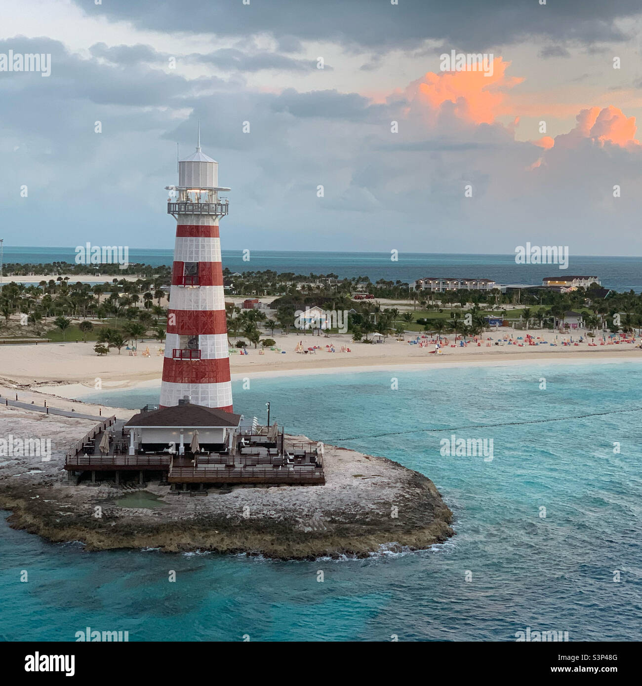 January, 2022, Approaching Ocean Cay, Bimini, the Bahamas, on a cruise on the MSC Divina, from Miami, Florida, United States. - Smartphone Captured Stock Image