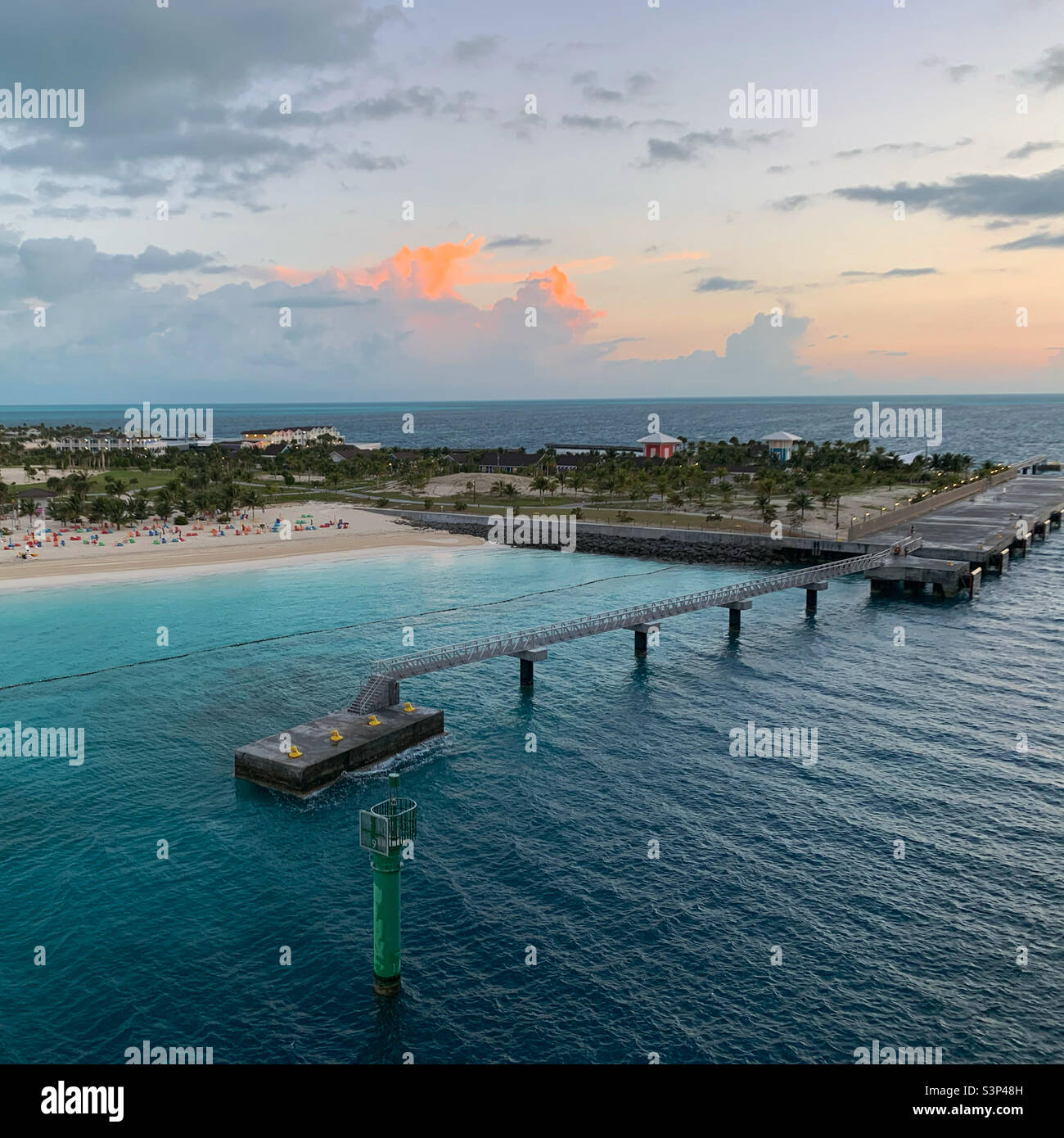 January, 2022, Approaching Ocean Cay, Bimini, the Bahamas, on a cruise on the MSC Divina, from Miami, Florida, United States - Smartphone Captured Stock Image
