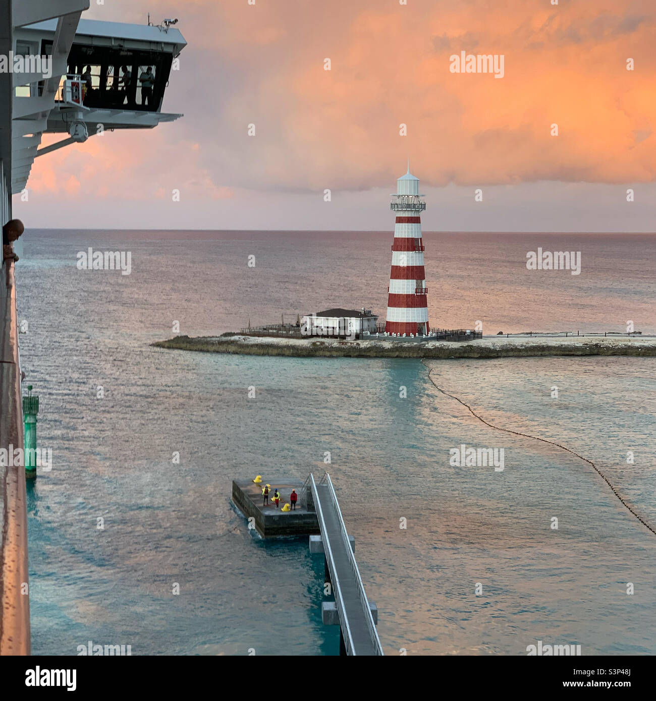 January, 2022, Approaching Ocean Cay, Bimini, the Bahamas, on a cruise on the MSC Divina, from Miami, Florida, United States - Smartphone Captured Stock Image