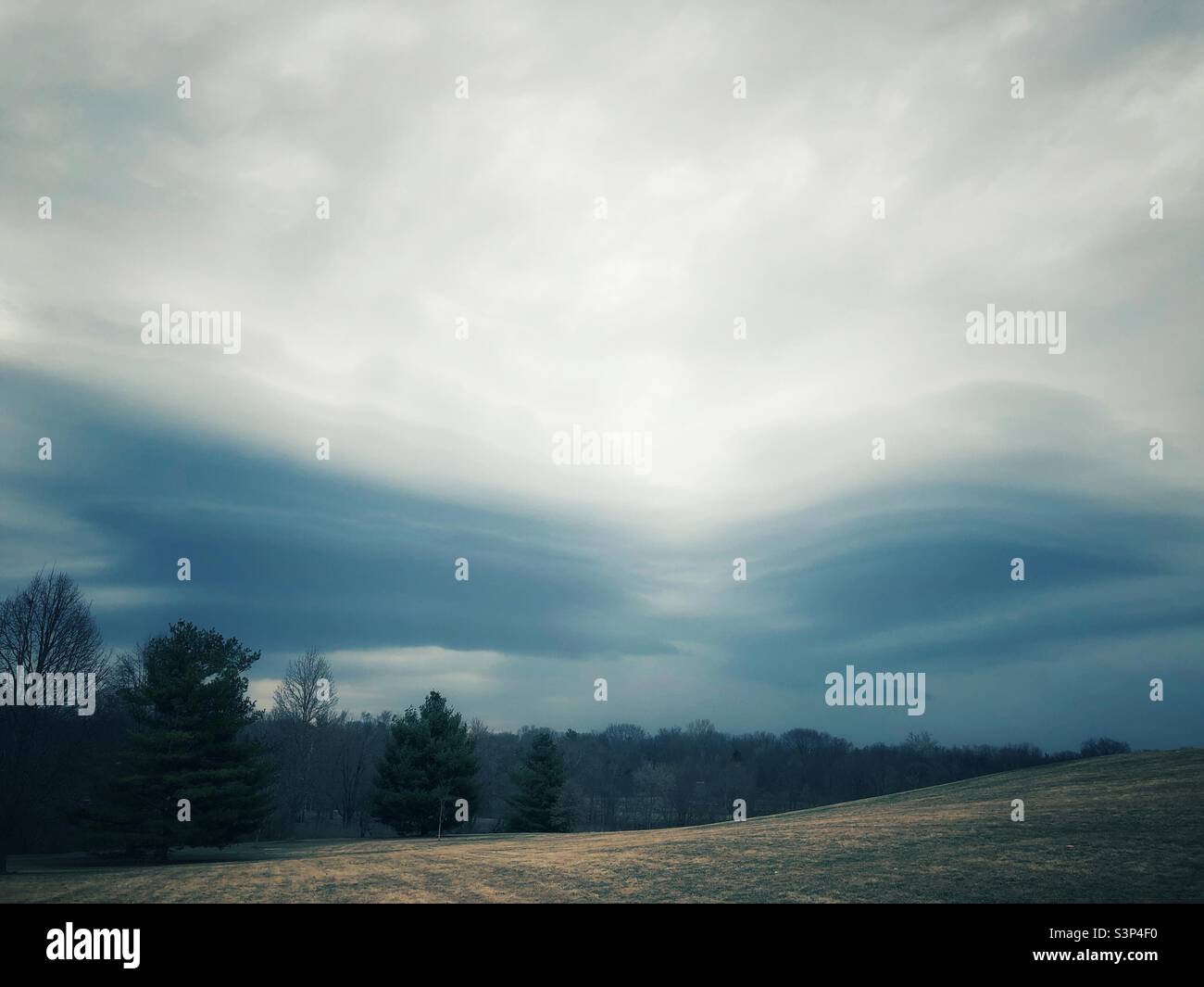 Big hill, impending storm, grey altostratus undulating clouds and seasonal line of trees. - Smartphone Captured Stock Image