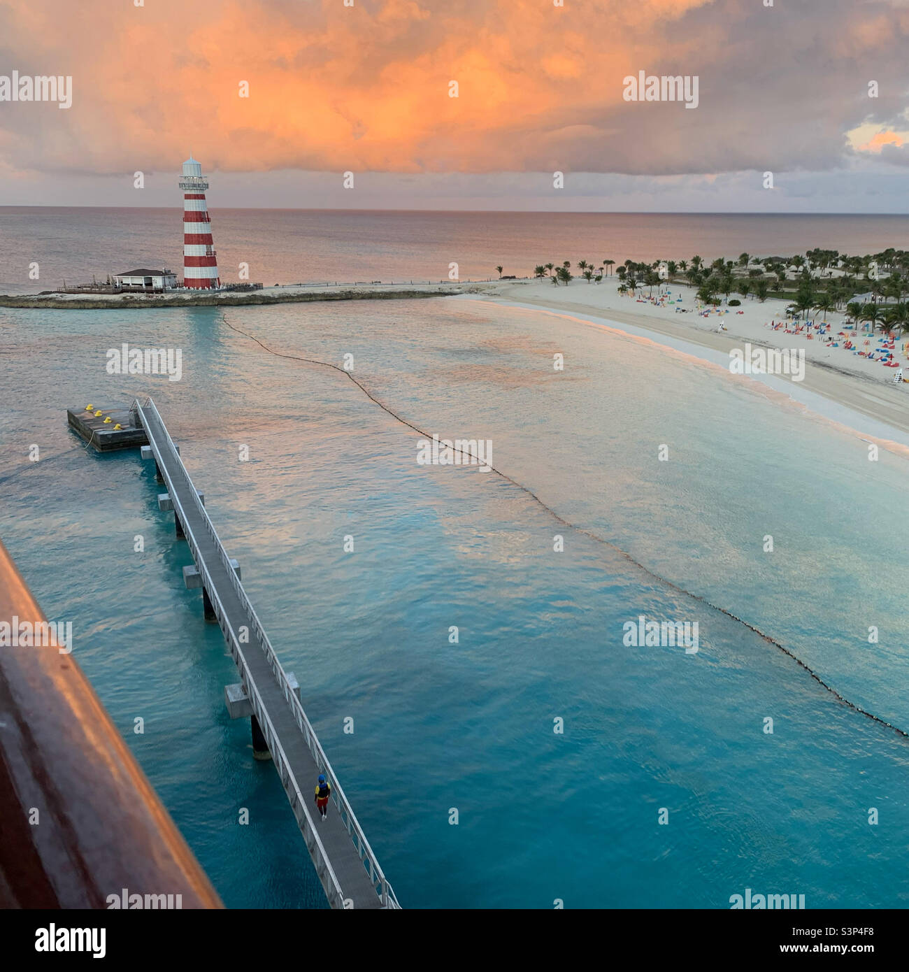 January, 2022, View from a balcony on the MSC Divina as the ship approaches MSC’s Private Island, Ocean Cay, Bimini, Bahamas, during a cruise from Miami, Florida, United States - Smartphone Captured Stock Image