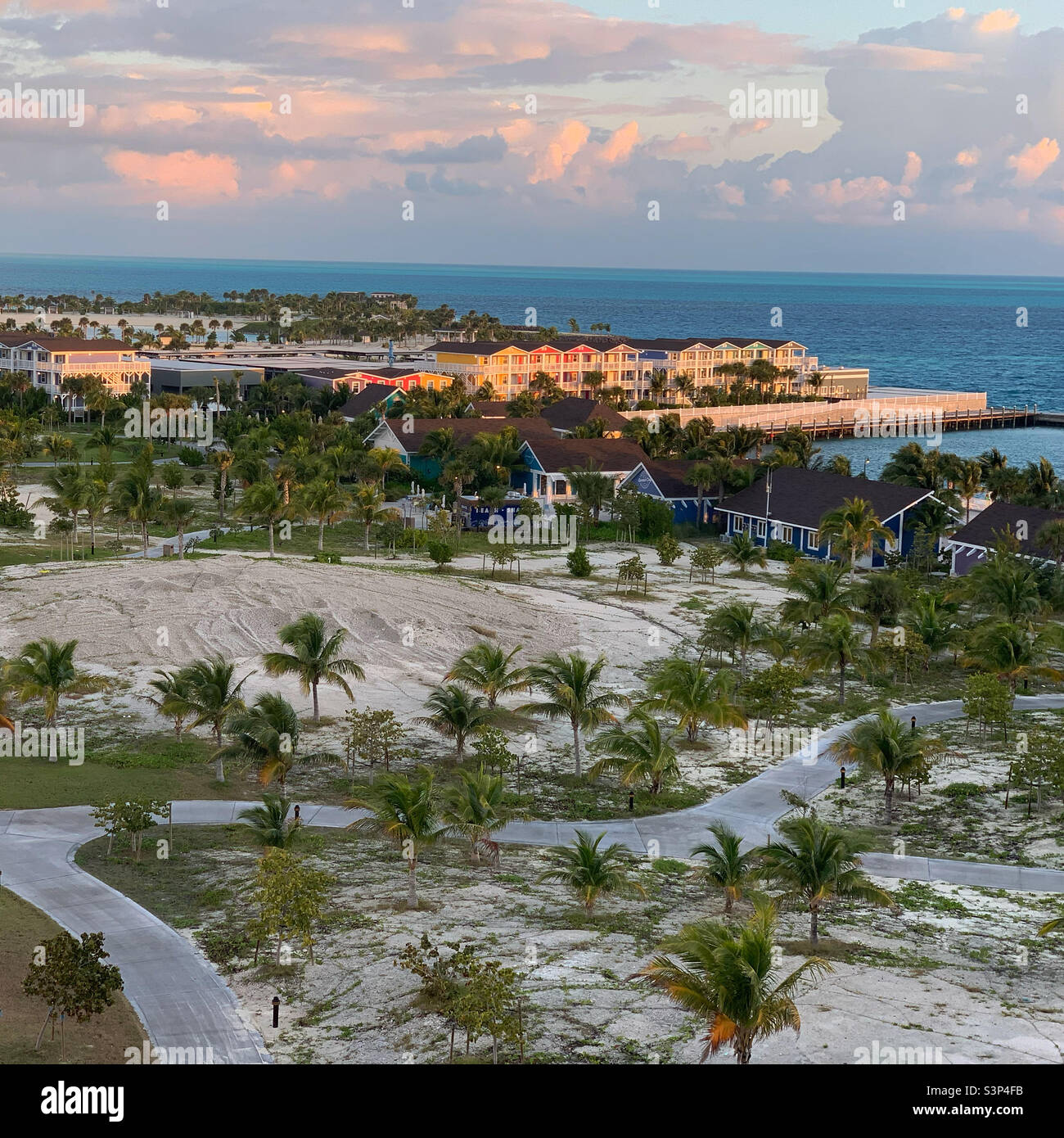 January, 2022, Early morning view from a balcony on the MSC Divina of MSC’s Private Island, Ocean Cay, located in Bimini, Bahamas, during a cruise from Miami, Florida, United States - Smartphone Captured Stock Image