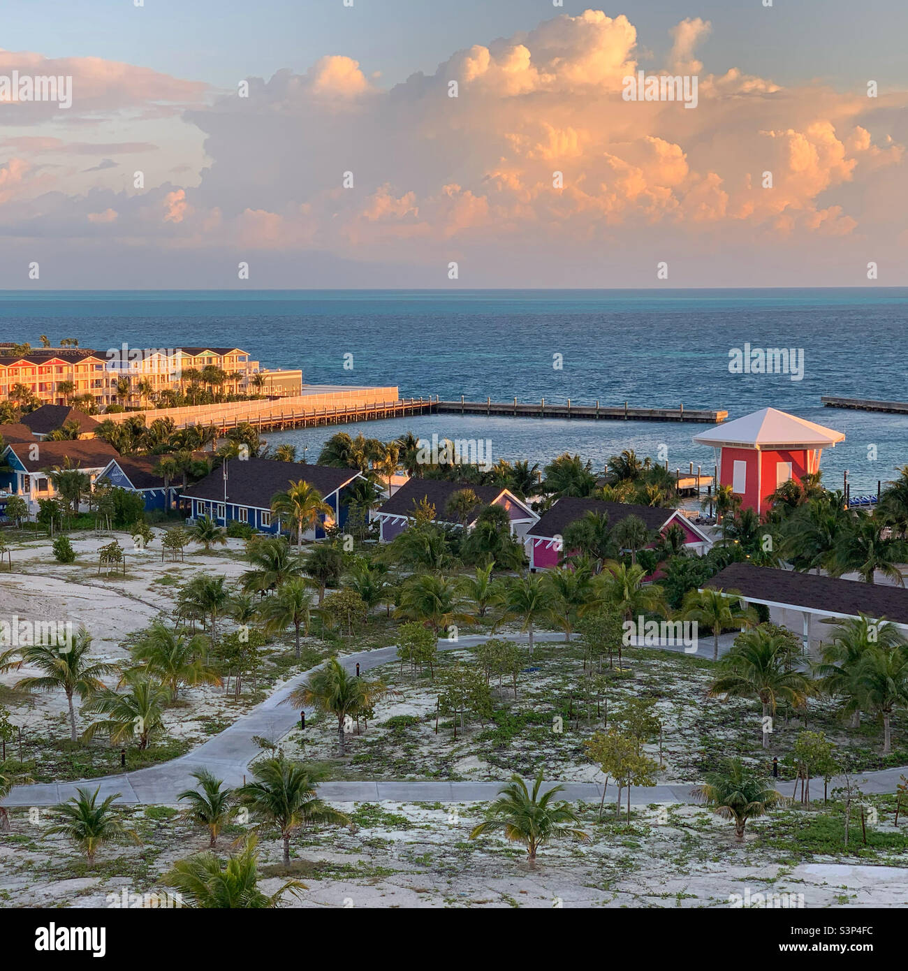 January, 2022, Early morning view from a balcony on the MSC Divina of MSC’s Private Island, Ocean Cay, located in Bimini, Bahamas, during a cruise from Miami, Florida, United States - Smartphone Captured Stock Image