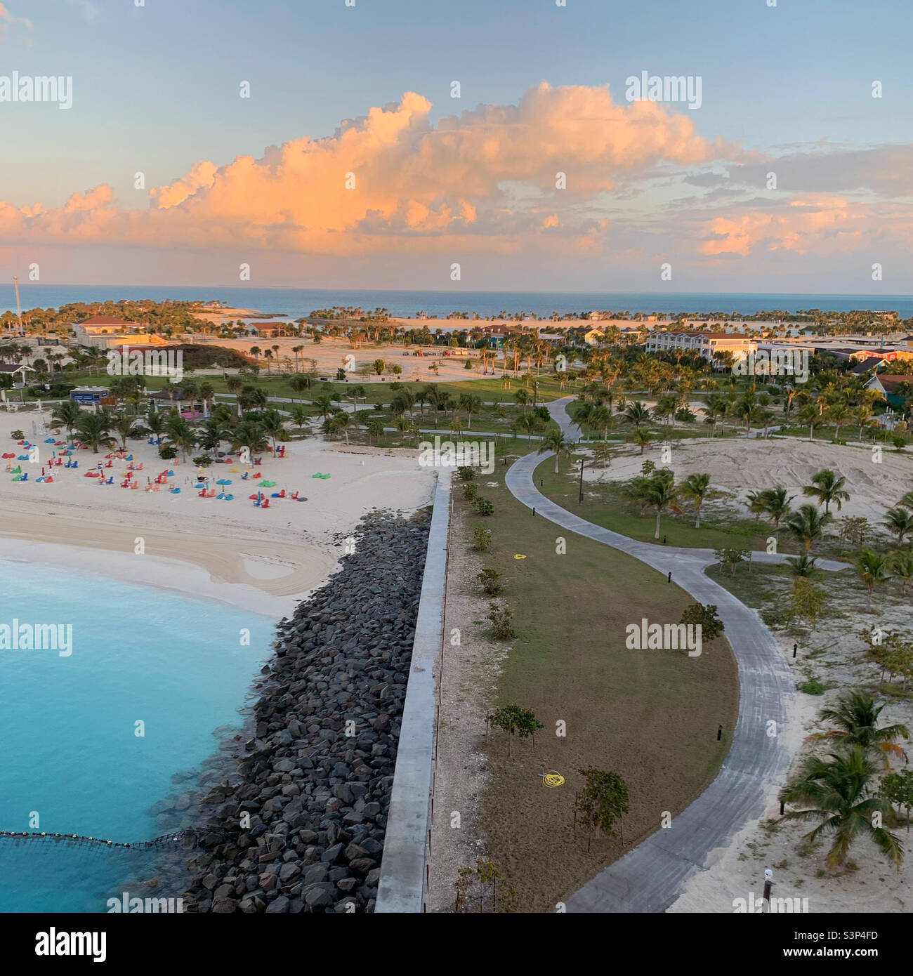 January, 2022, Early morning view from a balcony on the MSC Divina of MSC’s Private Island, Ocean Cay, located in Bimini, Bahamas, during a cruise from Miami, Florida, United States - Smartphone Captured Stock Image