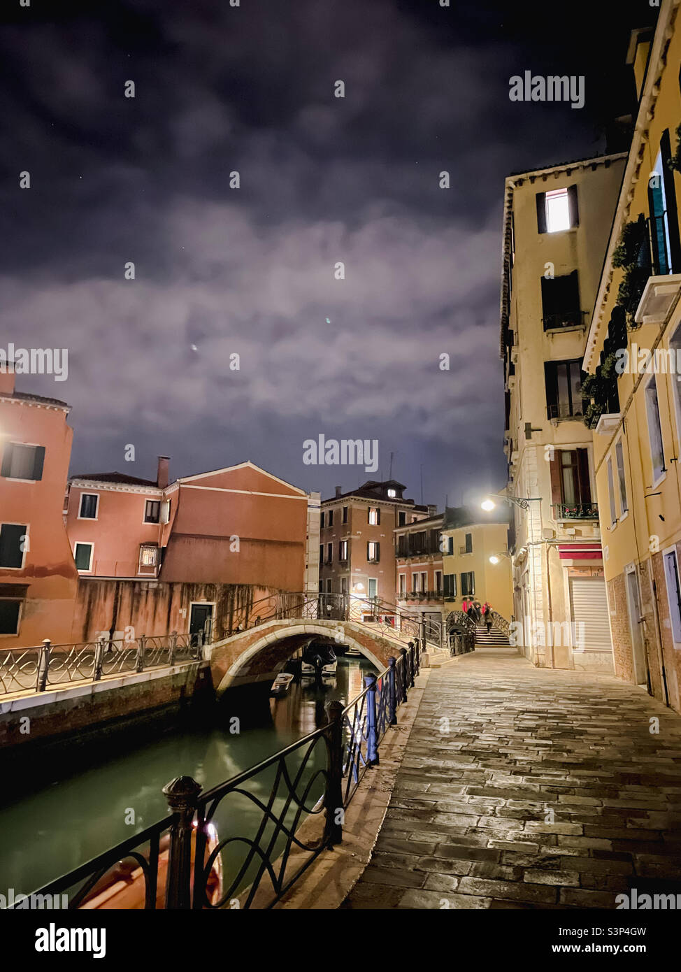 A quiet neighbourhood at night in Venice, Italy - Smartphone Captured Stock Image