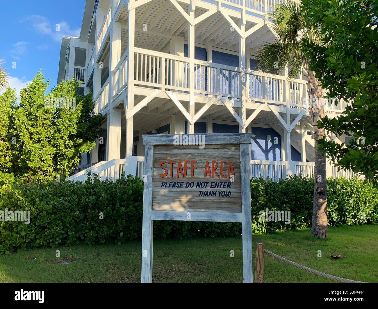 January, 2022, “Staff Area” sign, Ocean Cay, the private island of MSC CruiseLine, located in Bimini, the Bahamas, seen during a cruise on the MSC Divina from Miami, Florida, - Smartphone Captured Stock Image