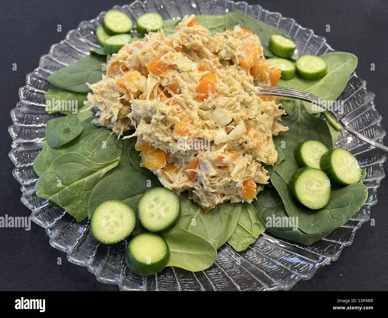 Chicken salad with orange bell peppers and guacamole dressing on a bed of baby spinach - Smartphone Captured Stock Image