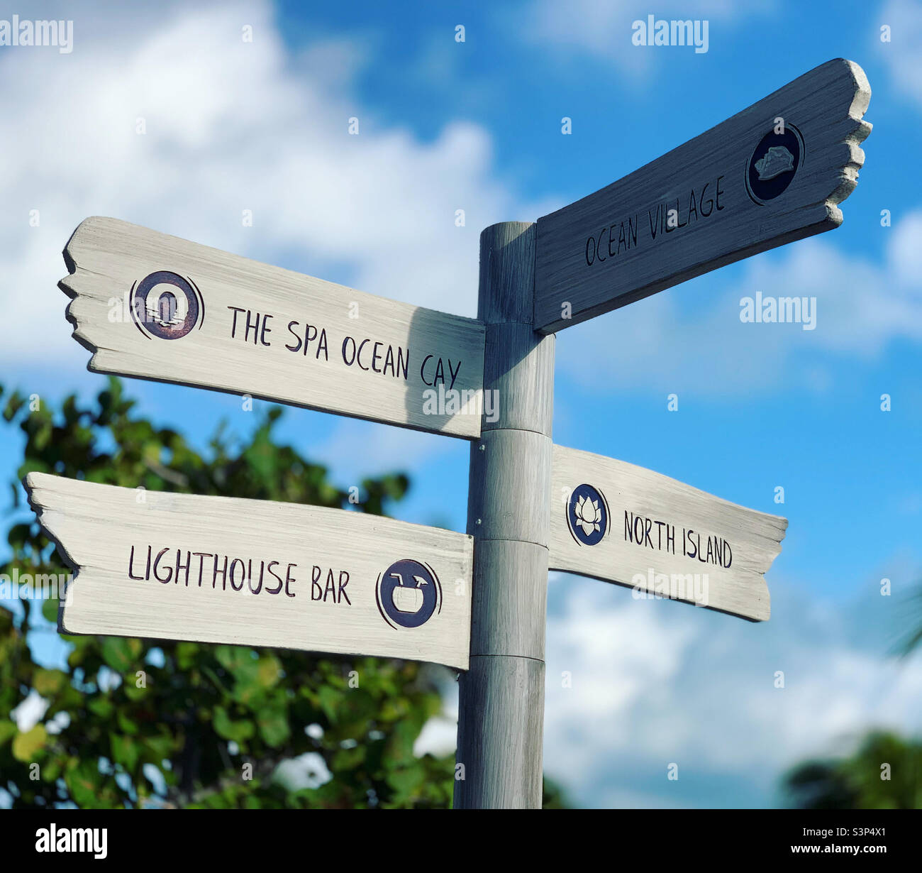 Signs, Ocean Cay, the private island of MSC cruiseline, located in Bimini, Bahamas, seen during a cruise on the MSC Divina, from Miami, Florida Stock Photo