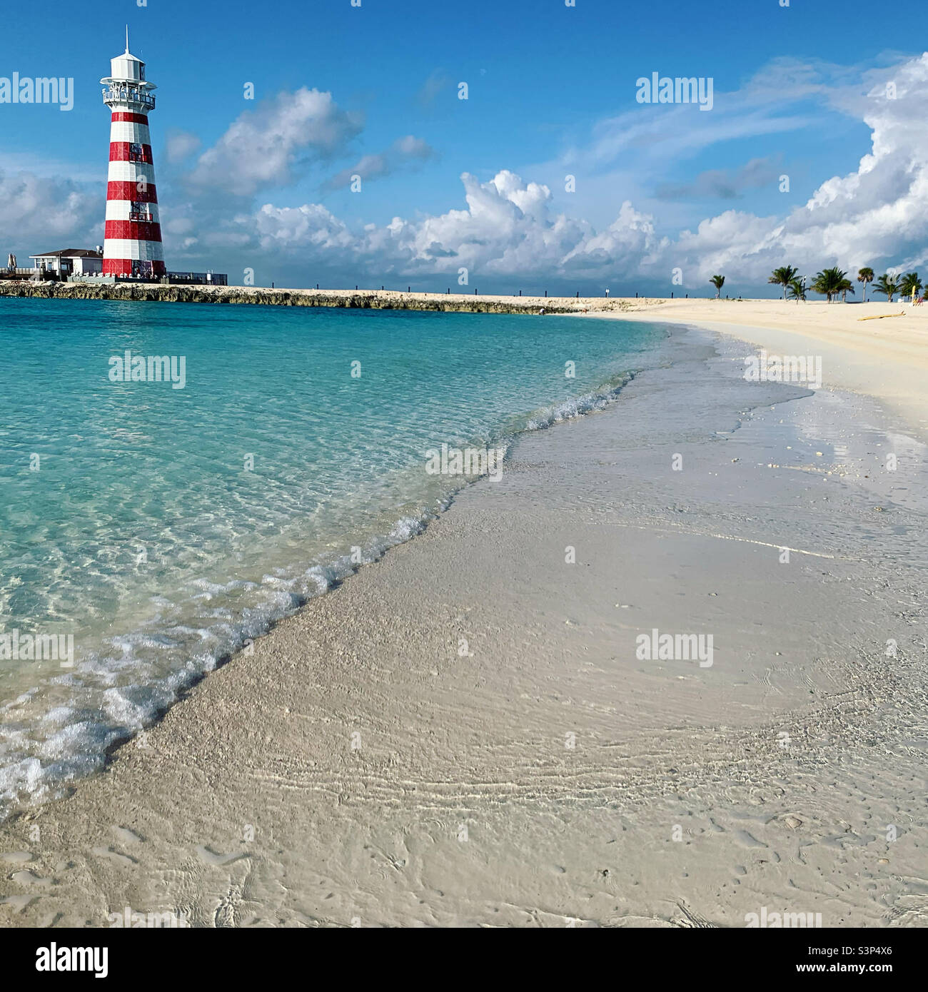 January, 2022, Lighthouse and beach on Ocean Cay, the private island of MSC cruiseline, located in Bimini, Bahamas, seen during a cruise on the MSC Divina, from Miami, Florida Stock Photo