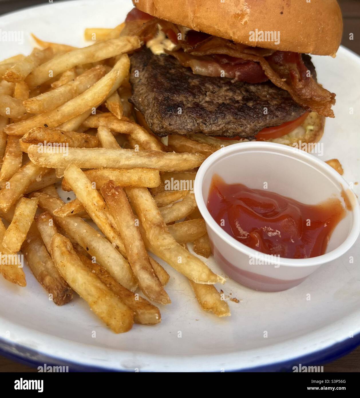 Bacon burger fries with Ketchup Stock Photo