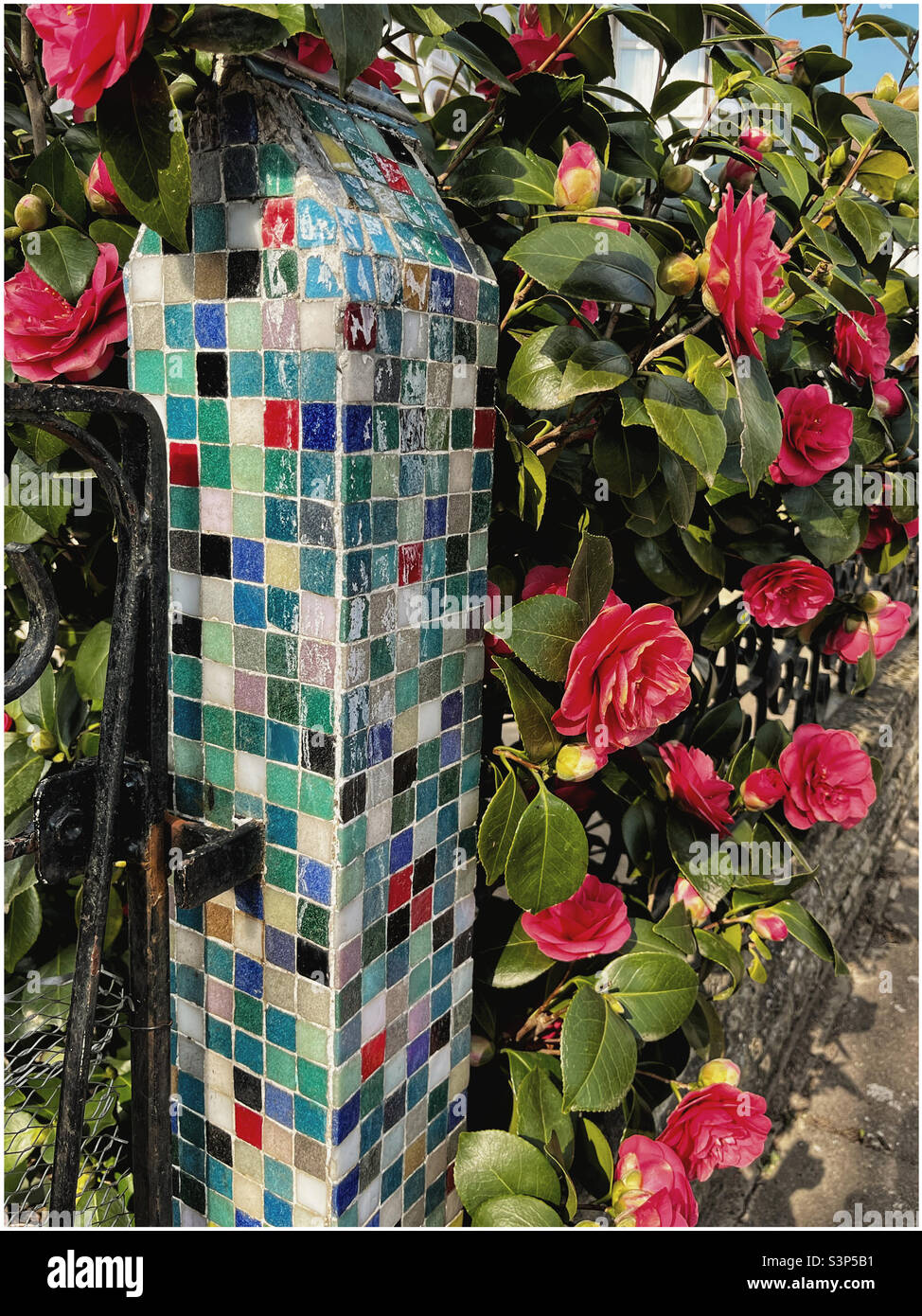 Brightly coloured mosaic gatepost surrounded by pink roses - Smartphone Captured Stock Image
