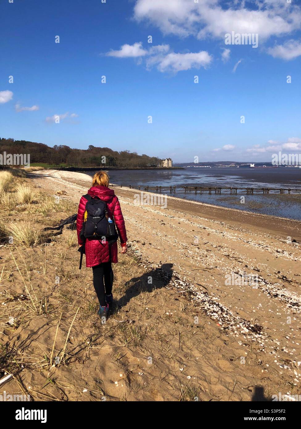 Woman hiker on the beach at the Firth of Forth estuary at low tide, Scotland Stock Photo