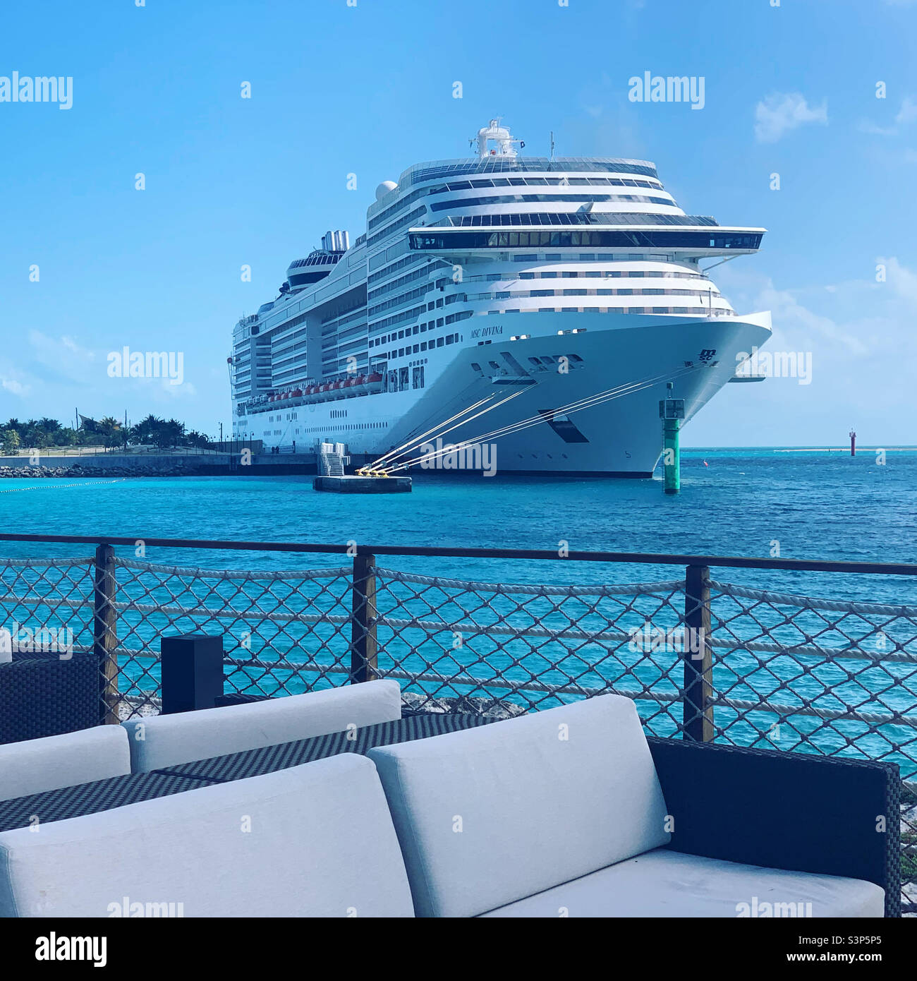 January, 2022, looking at the MSC Divina from  MSC’s private island, Ocean Cay, located in Bimini, The Bahamas - Smartphone Captured Stock Image