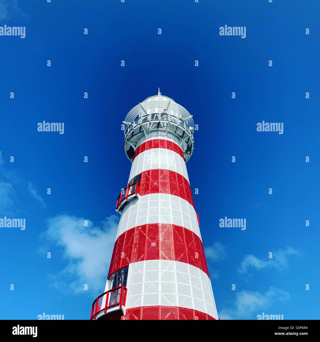 January, 2022, lighthouse on Ocean Cay, the private island of MSC cruise line, located in Bimini, Bahamas, North America, photographed during a cruise from Miami, Florida, on the MSC Divina - Smartphone Captured Stock Image