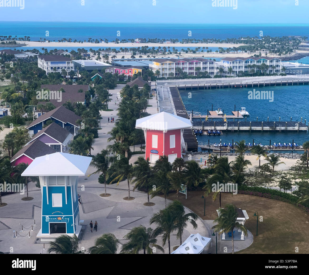 January, 2022, looking out over Ocean Cay, the private island owned by MSC cruise line, located in Bimini, The Bahamas, North America - Smartphone Captured Stock Image