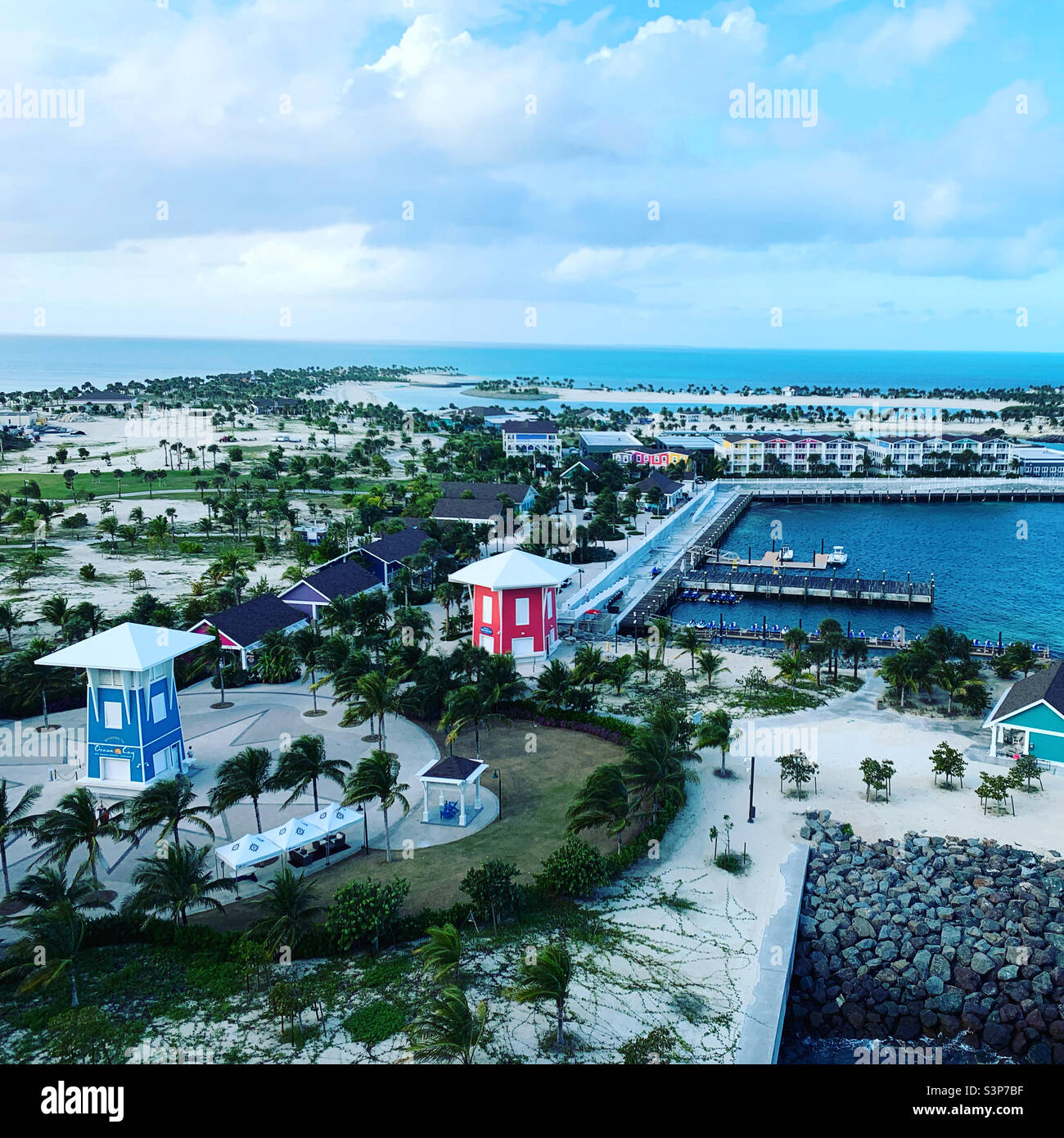 January, 2022, on the MSC Divina during a cruise from Miami, Florida to the Bahamas, overlooking Ocean Cay, the cruise line’s private island, located in Bimini, Bahamas, North America Stock Photo