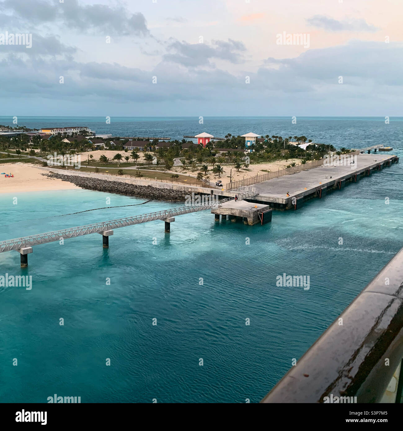 January, 2022, Leaving Ocean Cay, MSC cruise line’s private island, located in Bimini, Bahamas, to return to Miami, Florida on the MSC Divina at the end of a three-day cruise. Stock Photo