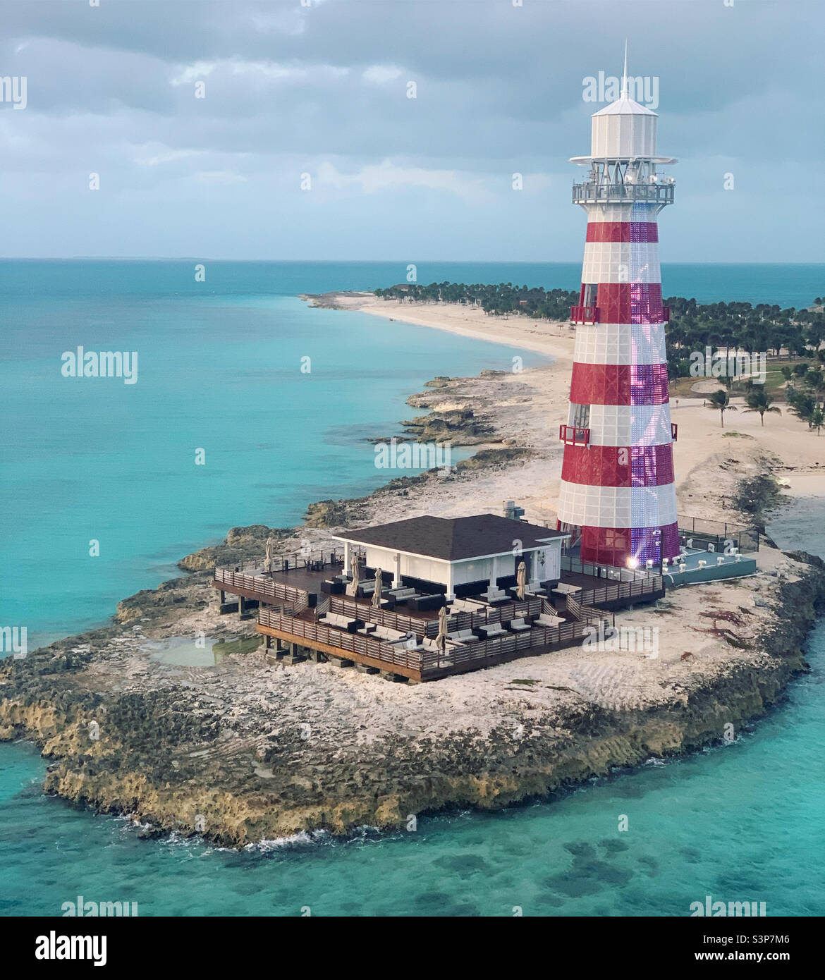 January, 2022, lighthouse seen while leaving Ocean Cay, MSC cruise line’s private island, located in Bimini, Bahamas, returning to Miami, Florida on the MSC Divina at the end of a three-day cruise. - Smartphone Captured Stock Image