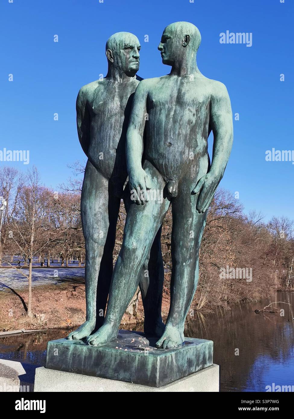 two naked men sculptures Vigeland Park Stock Photo