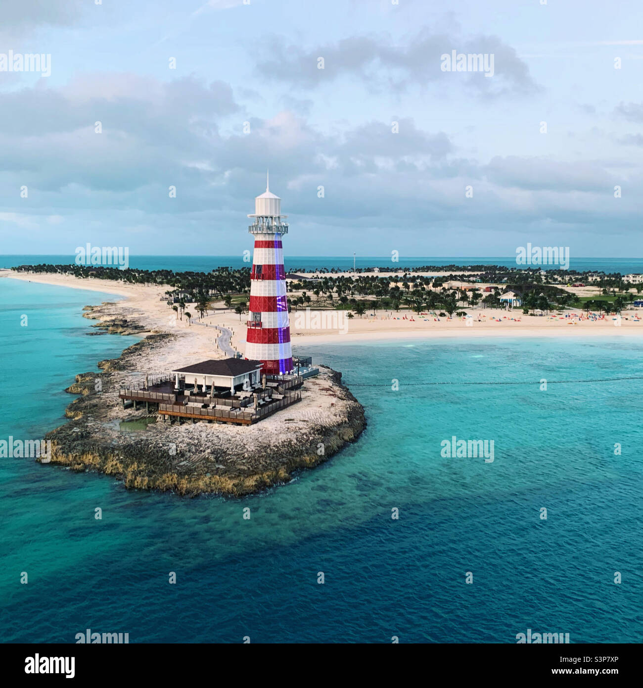 January, 2022, light house, Ocean Cay, the private island owned by MSC cruise line, seen from the MSC Divina as it sails away to return to Miami, Florida, United States - Smartphone Captured Stock Image