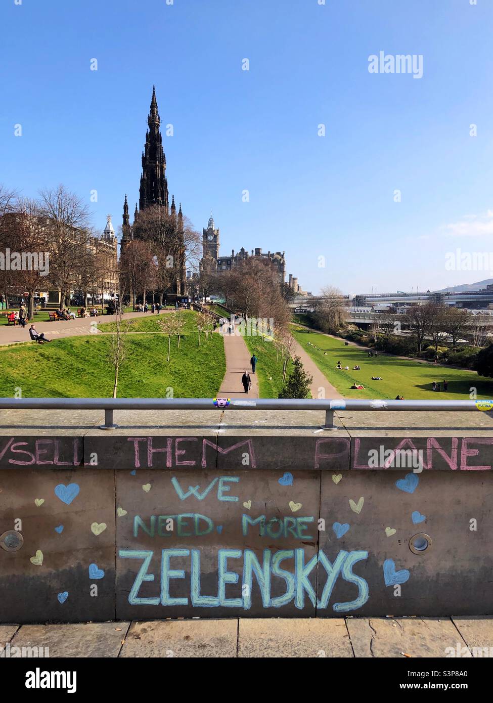 Graffiti for Zelensky and the Russia Ukraine conflict on the mound, Edinburgh Scotland - Smartphone Captured Stock Image