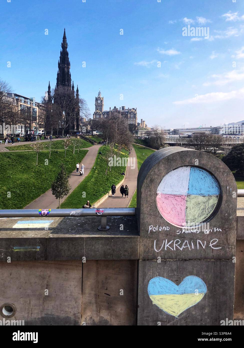 Poland stands with Ukraine Graffiti for the Russia Ukraine conflict at the mound, Edinburgh Scotland Stock Photo