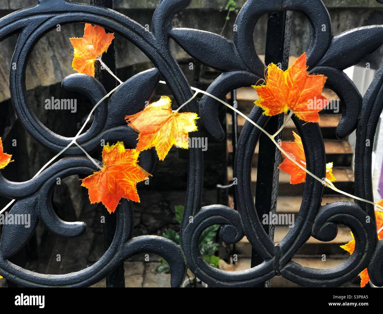 Leaf decoration on outdoor wrought iron bench - Smartphone Captured Stock Image