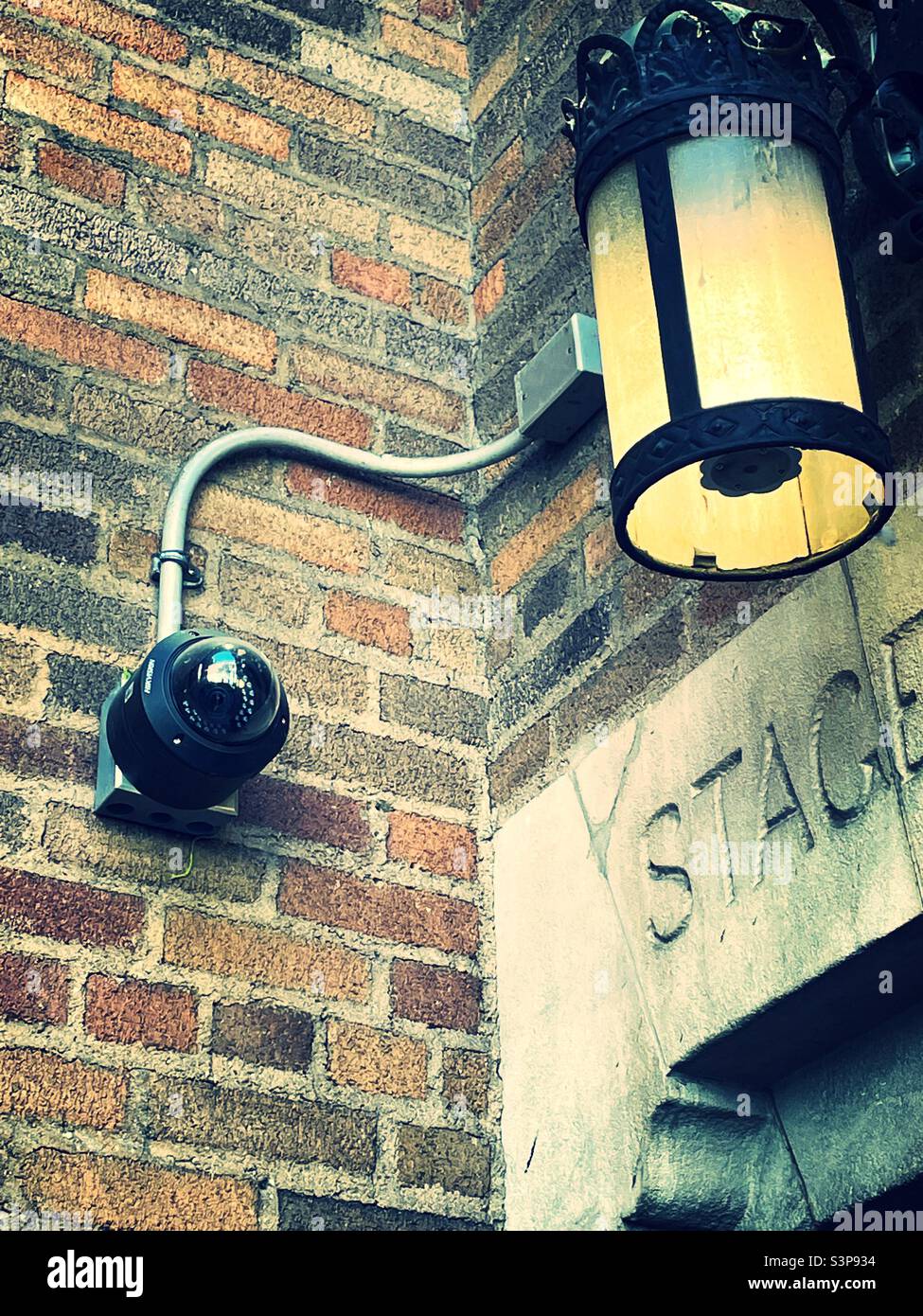 Stage door with surveillance camera and light at the Broadway theater in Times Square, NYC, USA, 2022 - Smartphone Captured Stock Image