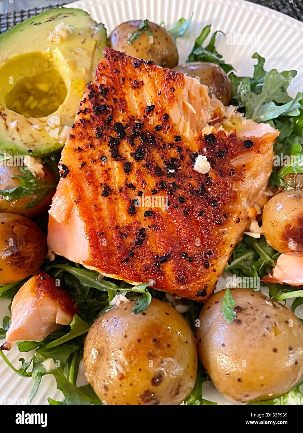 Close Up of Grilled Salmon and New Potato Entree,, USA - Smartphone Captured Stock Image