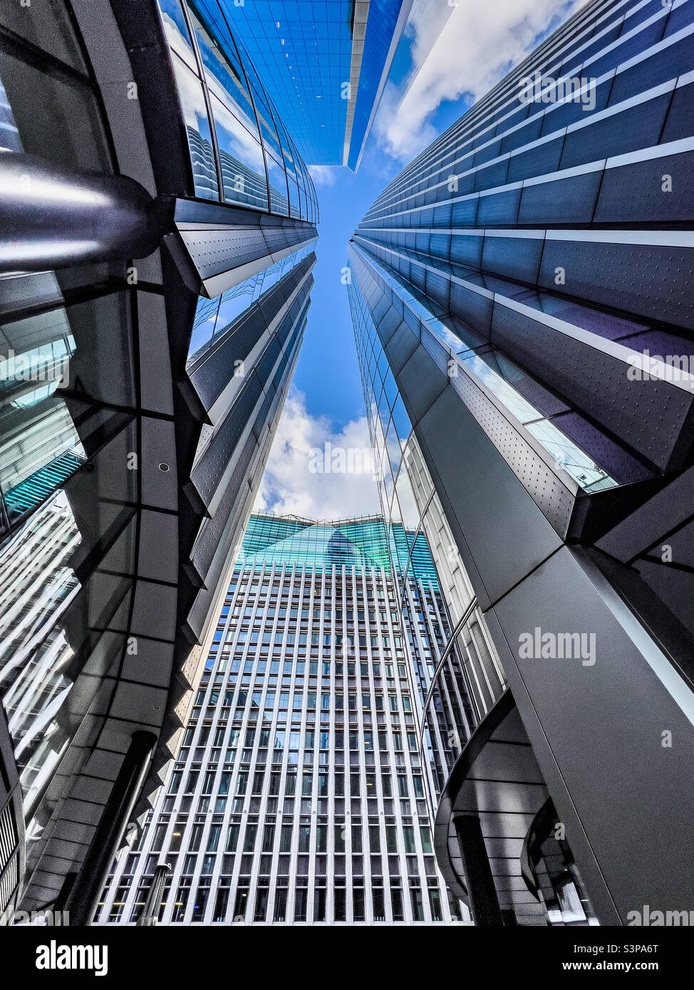 View skyward from ground of high rise offices in London financial district. - Smartphone Captured Stock Image
