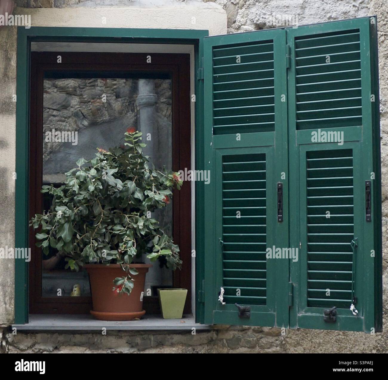 Beautiful spring window setting found in the medieval village of Dolceacqua in Italy. Stock Photo