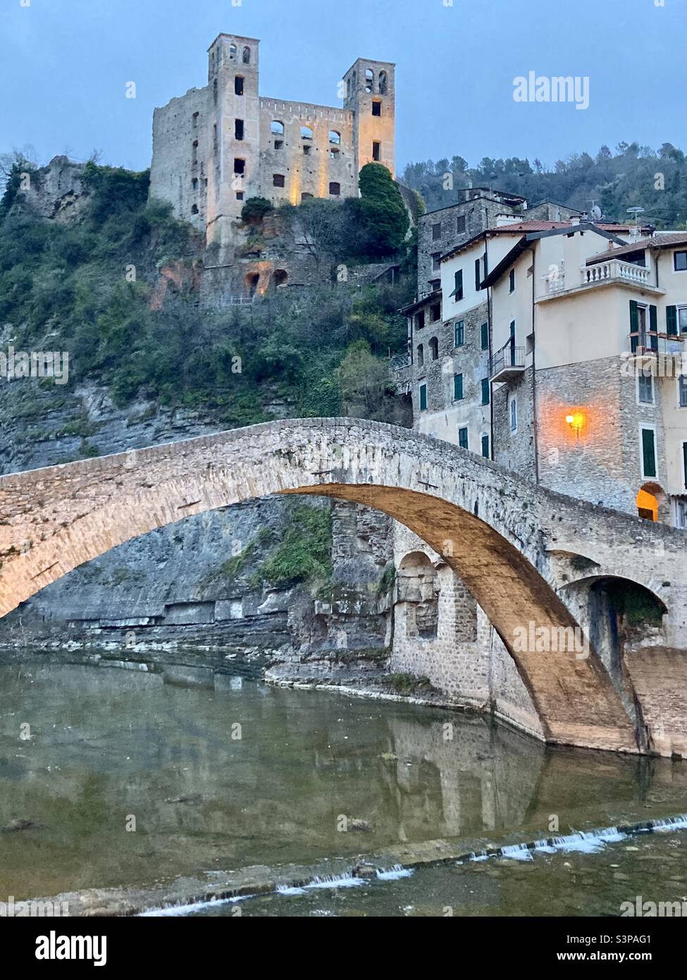 The Ponte Vecchio, old bridge, in the medieval village of Dolceacqua in Italy, made famous by Claude Monet. - Smartphone Captured Stock Image