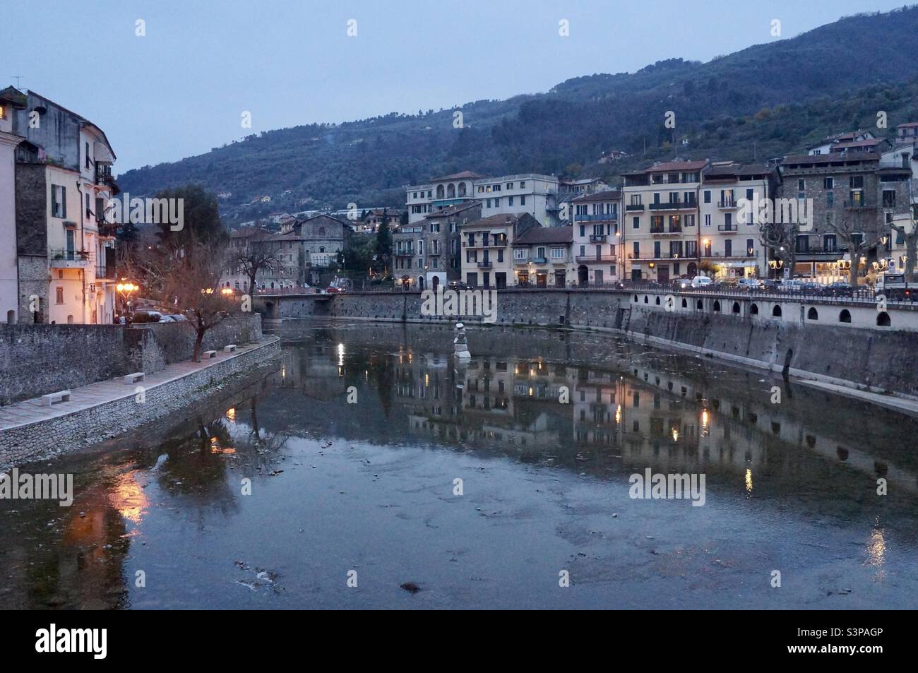 The view from the old bridge, Ponte Vecchio where the Nervia river splits the old town on the left with the new town to the right. - Smartphone Captured Stock Image