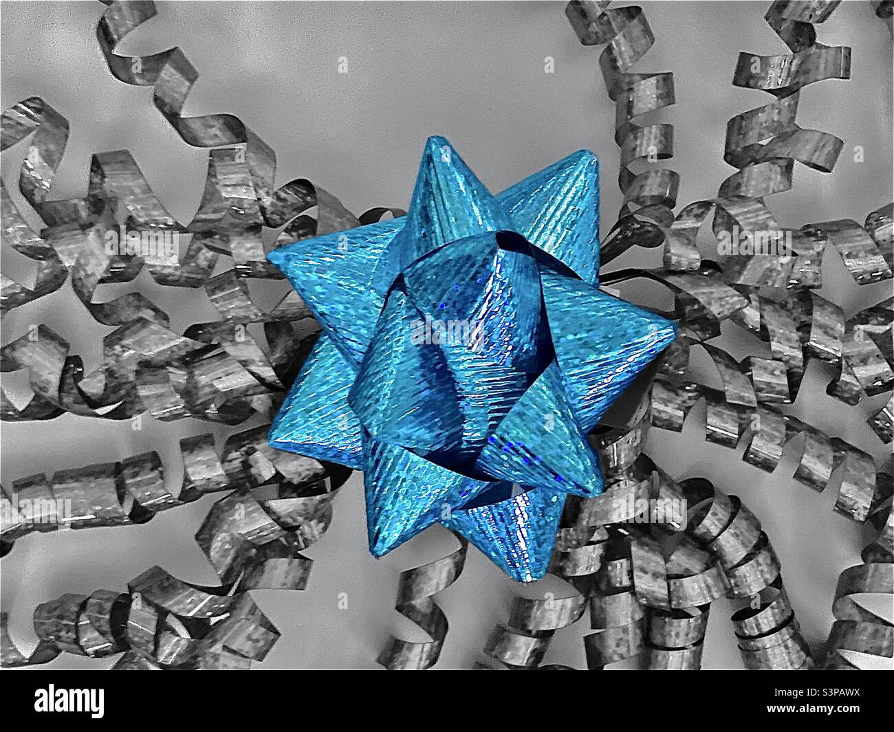 A turquoise (select color) gift bow and dangling curled ribbons (in black and white) photographed from above. - Smartphone Captured Stock Image