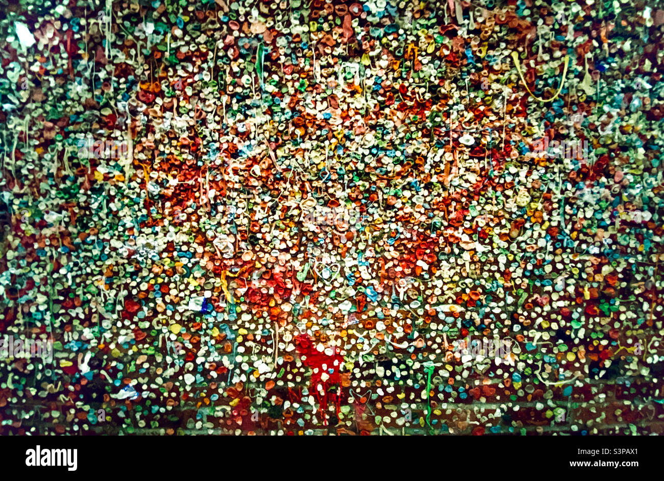 Gum art in the infamous and somewhat unsanitary Gum Wall in Seattle’s Pike Place Market Stock Photo