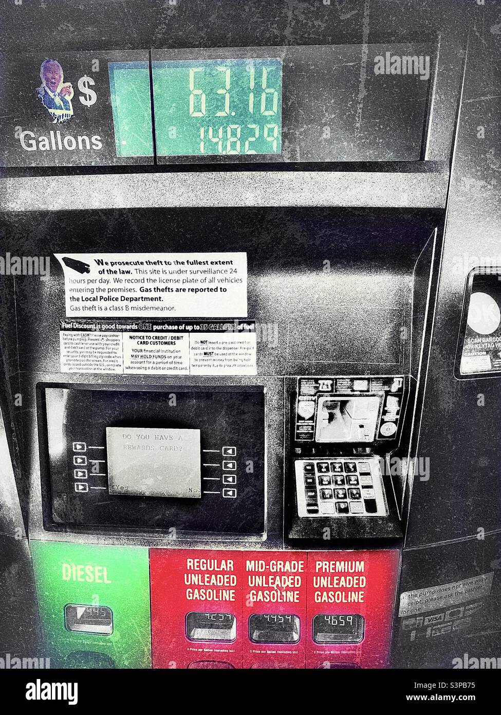 Gas pump in Utah showing the rising cost of fuel. For artistic effect IOS apps have been used for grunge and select color effects. - Smartphone Captured Stock Image