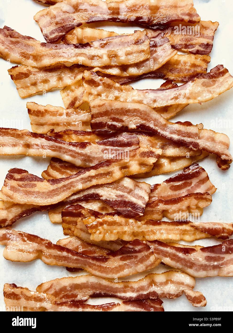 Vertical top view of a full frame of cooked bacon strips - Smartphone Captured Stock Image