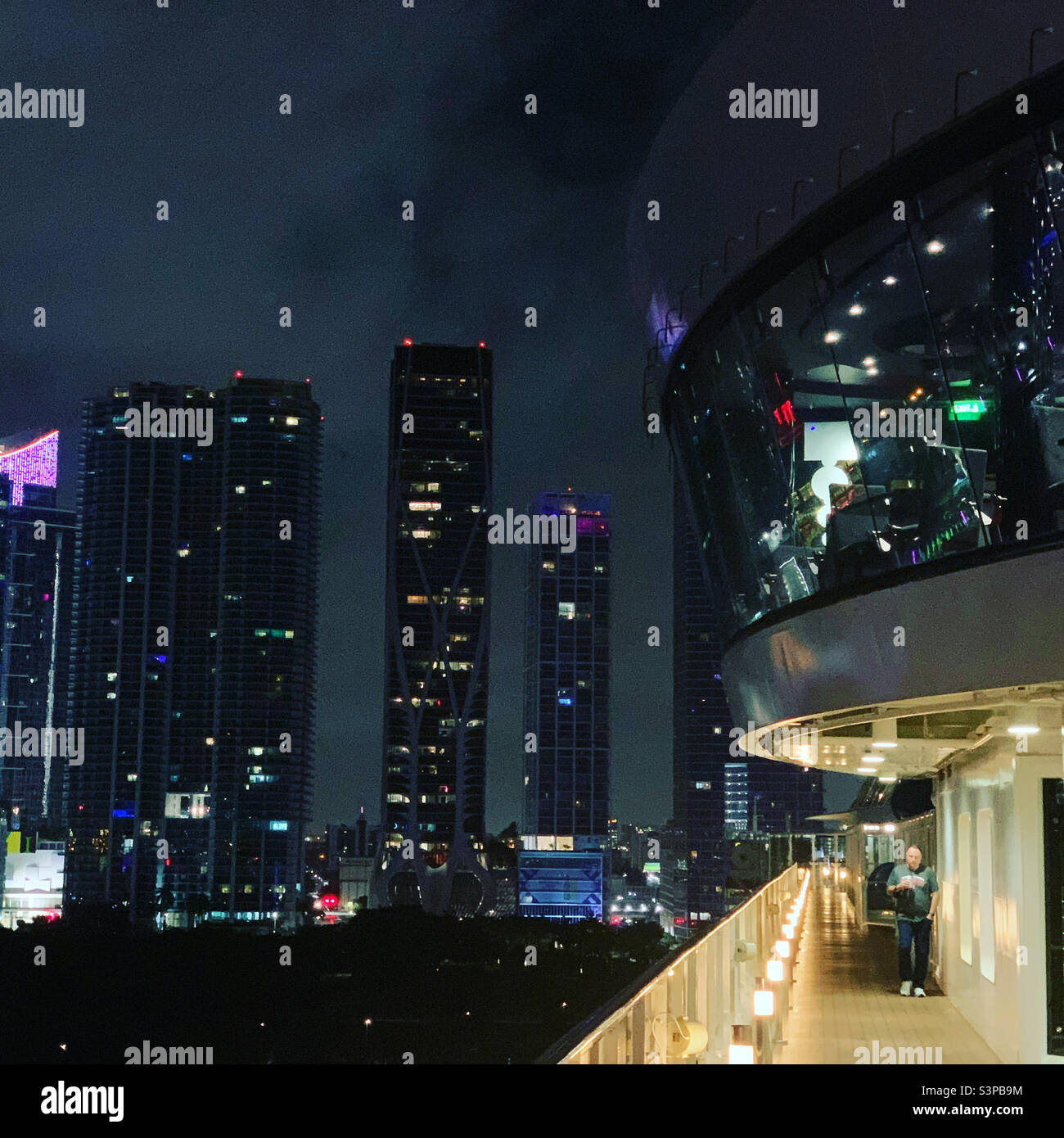 January, 2022, Very early morning on the MSC Divina at the end of of three-day cruise to the Bahamas, returning to port in Miami, Florida, United States - Smartphone Captured Stock Image